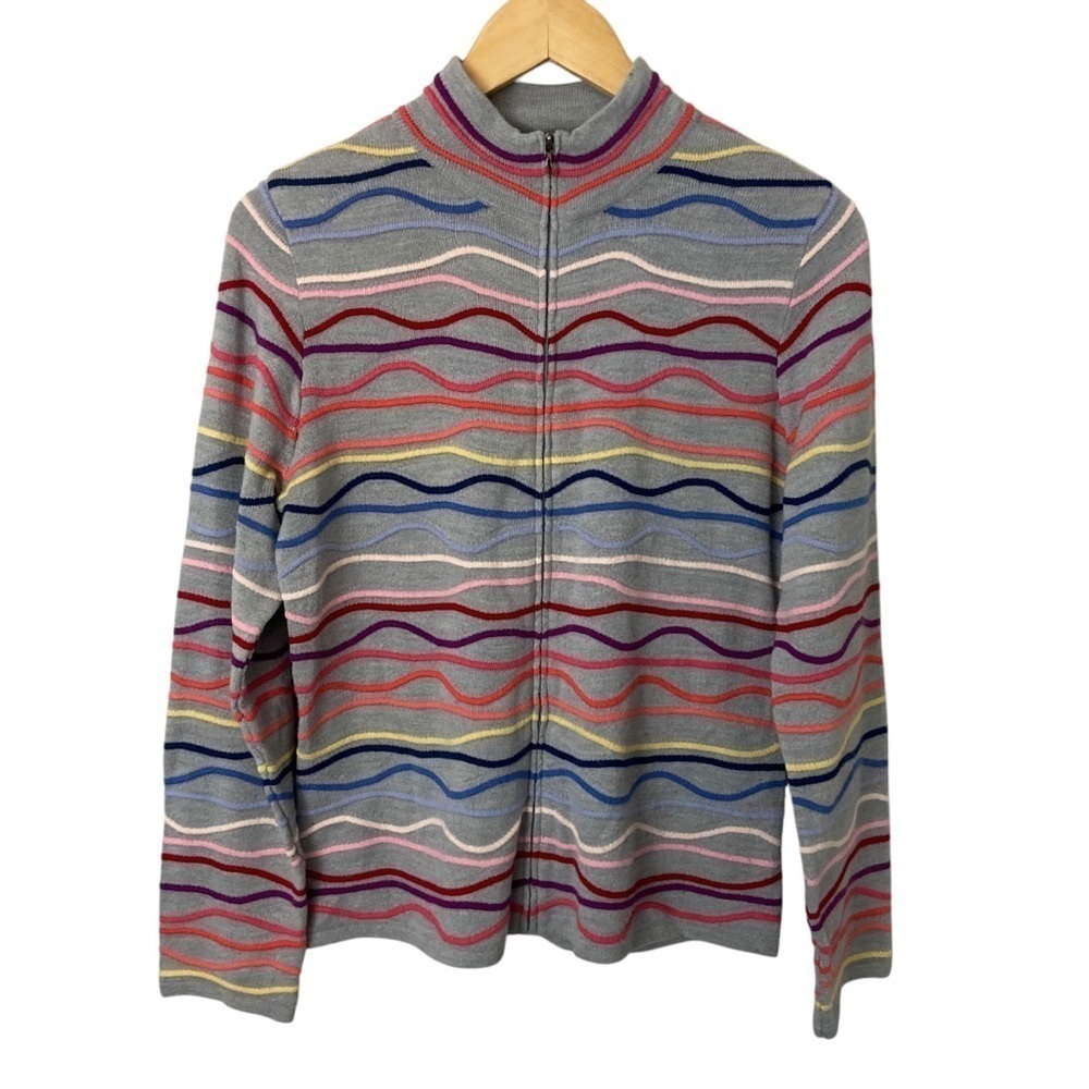 Coldwater Creek Full Zip Cardigan Sweater Wavy Stripes Sz M Artsy Colorful Knit